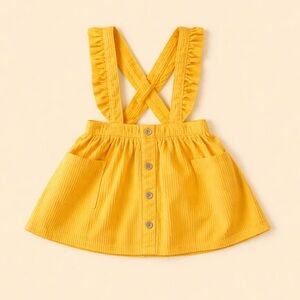 Mustard Yellow Corduroy Pinafore Dress Toddler Size 2T | Ruffle Strap, Buttons